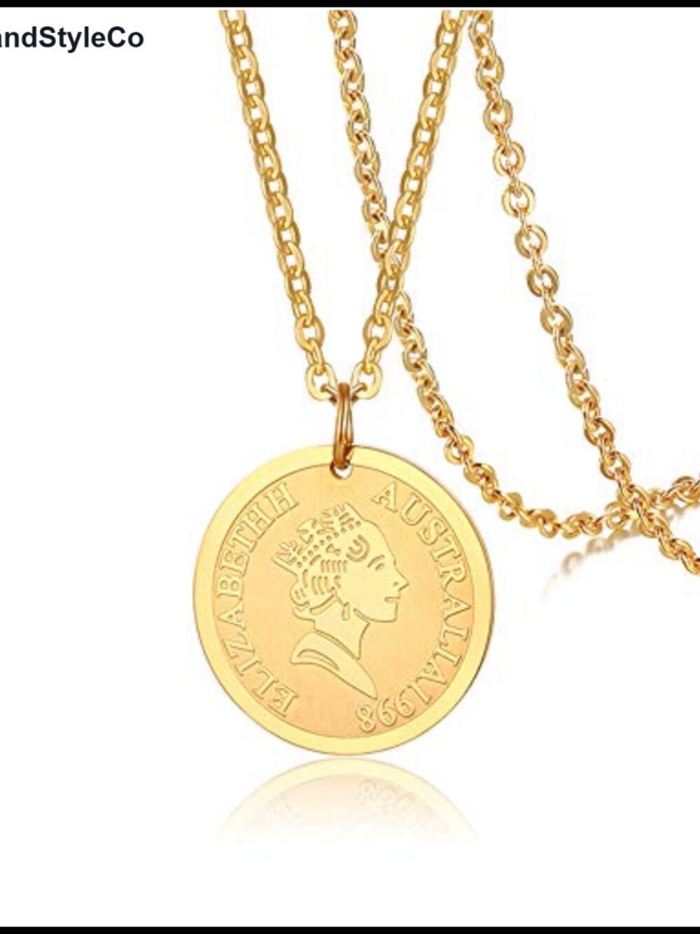 Gold Plated Stainless Steel Queen Elizabeth Coin Pendant Necklace 16 Inch